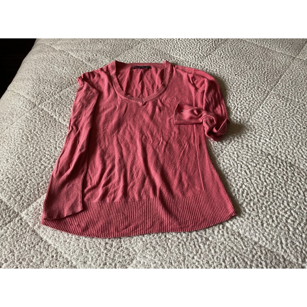 Tommy Hilfiger Sweater Womens Medium Pink Good V-Neck Ribbed Knit Long Sleeve